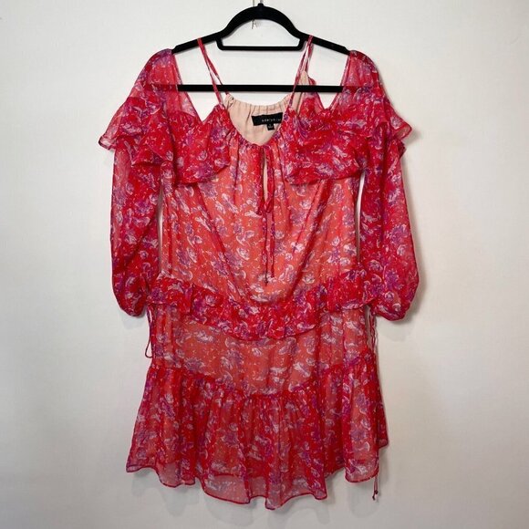 Adelyn Rae Kaileen Ruffle Floral Cold Shoulder Mini Dress Red S Long Sleeve - Picture 1 of 7